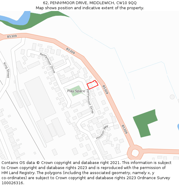 62, PENNYMOOR DRIVE, MIDDLEWICH, CW10 9QQ: Location map and indicative extent of plot