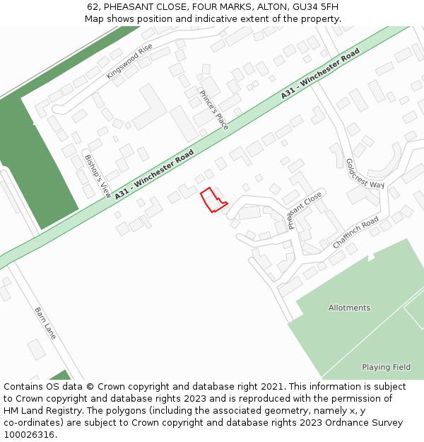 62, PHEASANT CLOSE, FOUR MARKS, ALTON, GU34 5FH: Location map and indicative extent of plot