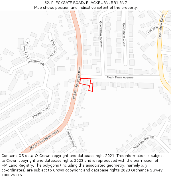 62, PLECKGATE ROAD, BLACKBURN, BB1 8NZ: Location map and indicative extent of plot