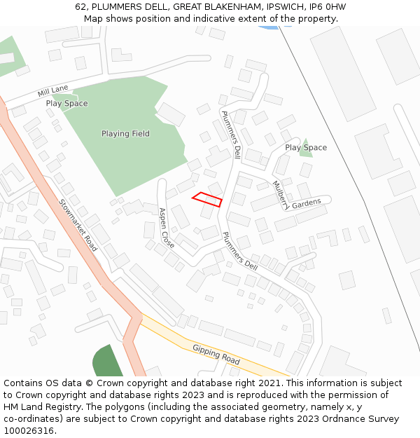 62, PLUMMERS DELL, GREAT BLAKENHAM, IPSWICH, IP6 0HW: Location map and indicative extent of plot