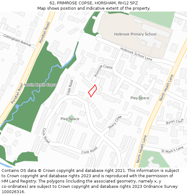 62, PRIMROSE COPSE, HORSHAM, RH12 5PZ: Location map and indicative extent of plot