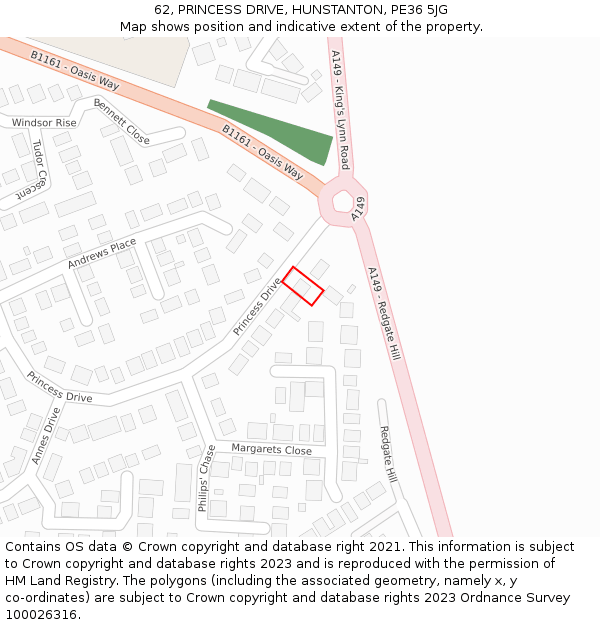 62, PRINCESS DRIVE, HUNSTANTON, PE36 5JG: Location map and indicative extent of plot