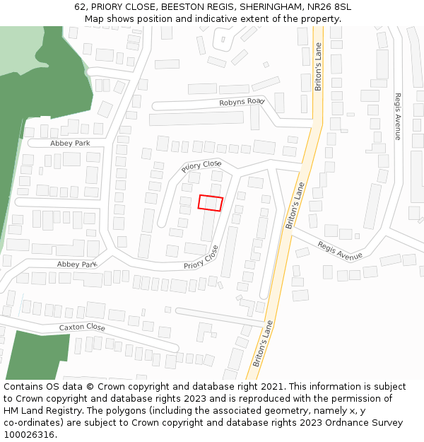 62, PRIORY CLOSE, BEESTON REGIS, SHERINGHAM, NR26 8SL: Location map and indicative extent of plot