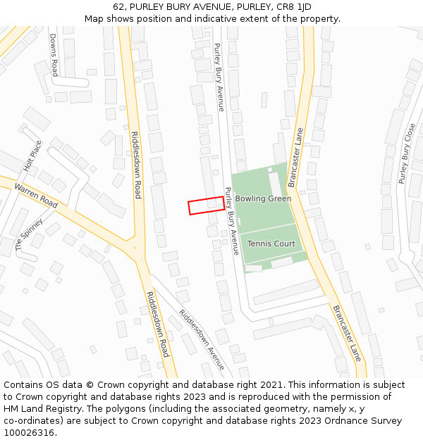 62, PURLEY BURY AVENUE, PURLEY, CR8 1JD: Location map and indicative extent of plot