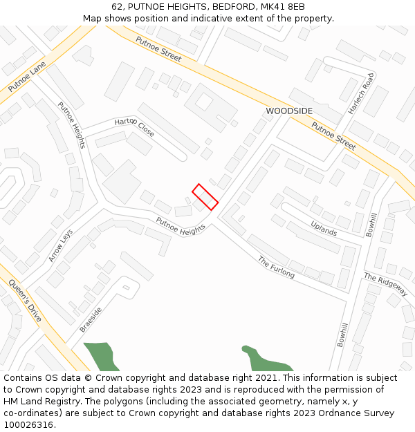 62, PUTNOE HEIGHTS, BEDFORD, MK41 8EB: Location map and indicative extent of plot