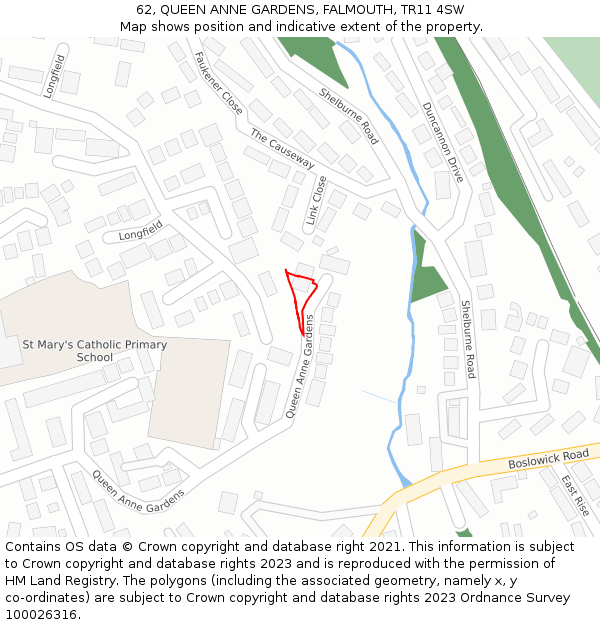 62, QUEEN ANNE GARDENS, FALMOUTH, TR11 4SW: Location map and indicative extent of plot