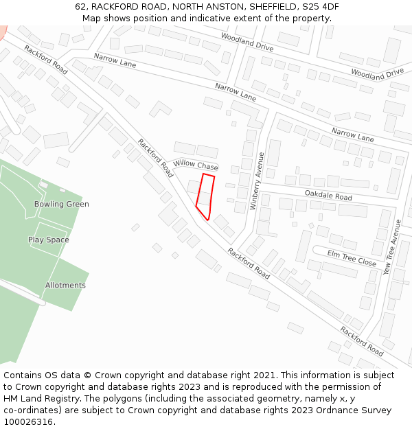 62, RACKFORD ROAD, NORTH ANSTON, SHEFFIELD, S25 4DF: Location map and indicative extent of plot