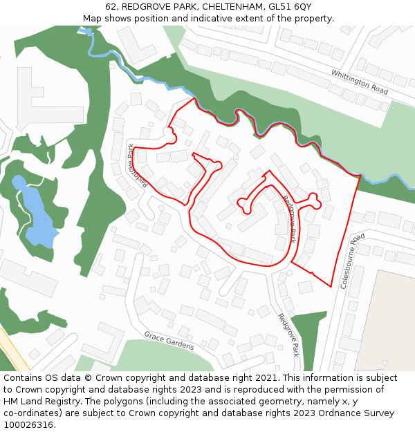 62, REDGROVE PARK, CHELTENHAM, GL51 6QY: Location map and indicative extent of plot