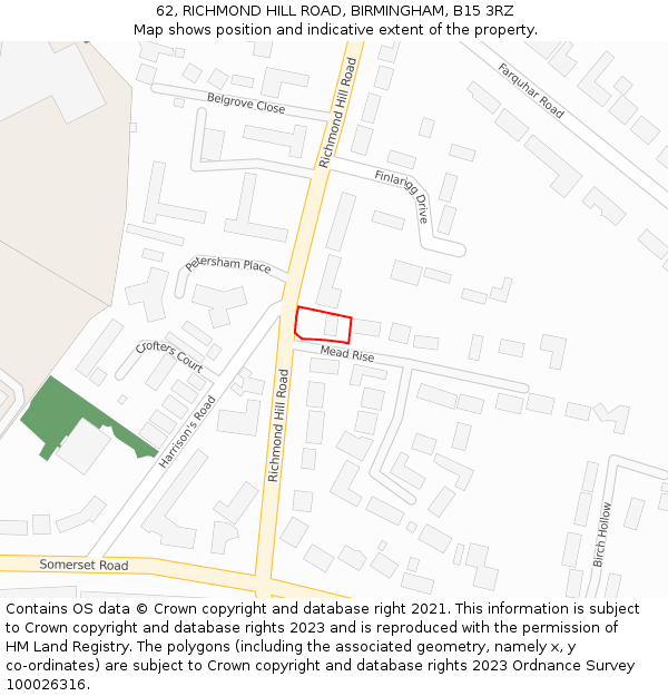 62, RICHMOND HILL ROAD, BIRMINGHAM, B15 3RZ: Location map and indicative extent of plot