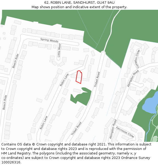 62, ROBIN LANE, SANDHURST, GU47 9AU: Location map and indicative extent of plot