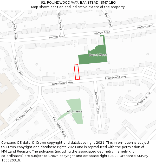 62, ROUNDWOOD WAY, BANSTEAD, SM7 1EG: Location map and indicative extent of plot