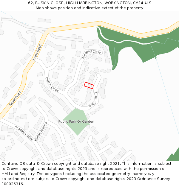 62, RUSKIN CLOSE, HIGH HARRINGTON, WORKINGTON, CA14 4LS: Location map and indicative extent of plot