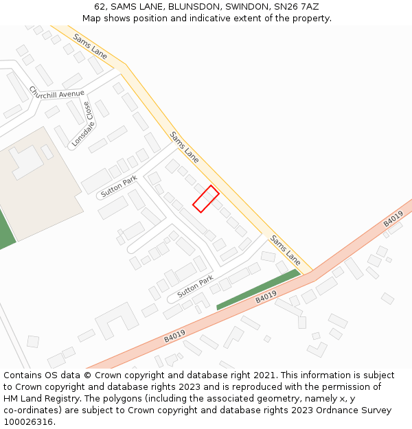 62, SAMS LANE, BLUNSDON, SWINDON, SN26 7AZ: Location map and indicative extent of plot