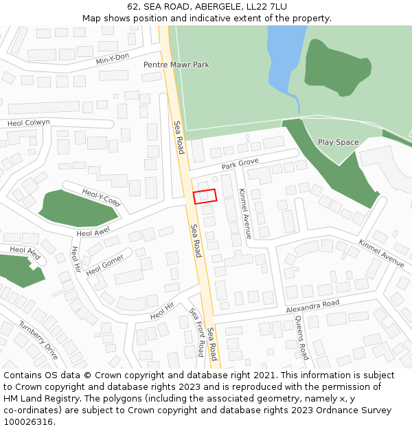 62, SEA ROAD, ABERGELE, LL22 7LU: Location map and indicative extent of plot