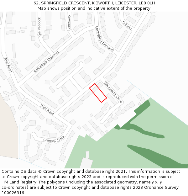 62, SPRINGFIELD CRESCENT, KIBWORTH, LEICESTER, LE8 0LH: Location map and indicative extent of plot