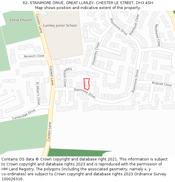 62, STAINMORE DRIVE, GREAT LUMLEY, CHESTER LE STREET, DH3 4SH: Location map and indicative extent of plot