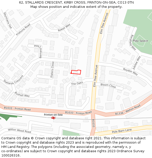 62, STALLARDS CRESCENT, KIRBY CROSS, FRINTON-ON-SEA, CO13 0TN: Location map and indicative extent of plot