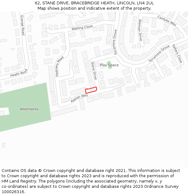 62, STANE DRIVE, BRACEBRIDGE HEATH, LINCOLN, LN4 2UL: Location map and indicative extent of plot