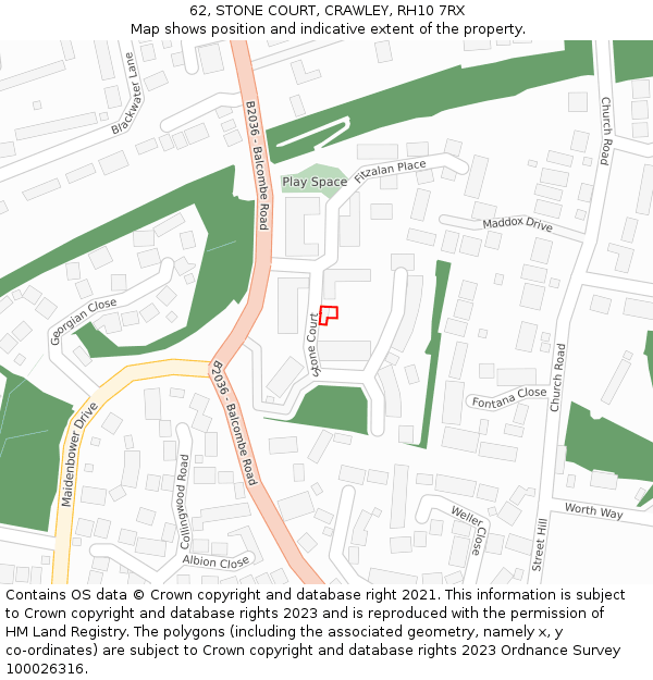 62, STONE COURT, CRAWLEY, RH10 7RX: Location map and indicative extent of plot