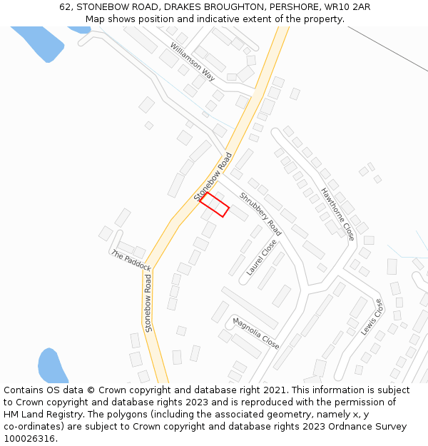 62, STONEBOW ROAD, DRAKES BROUGHTON, PERSHORE, WR10 2AR: Location map and indicative extent of plot