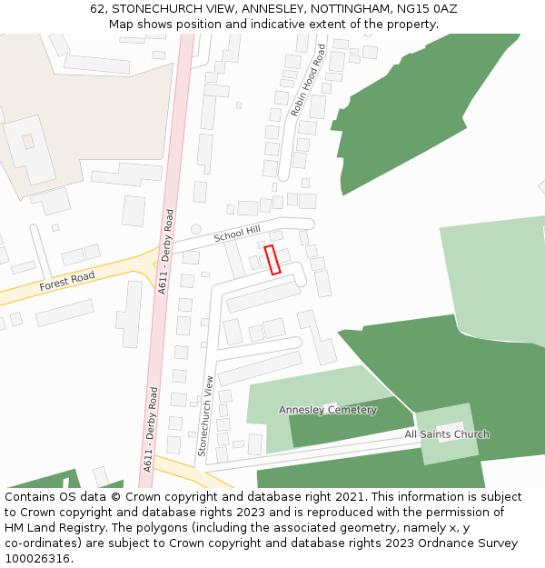 62, STONECHURCH VIEW, ANNESLEY, NOTTINGHAM, NG15 0AZ: Location map and indicative extent of plot