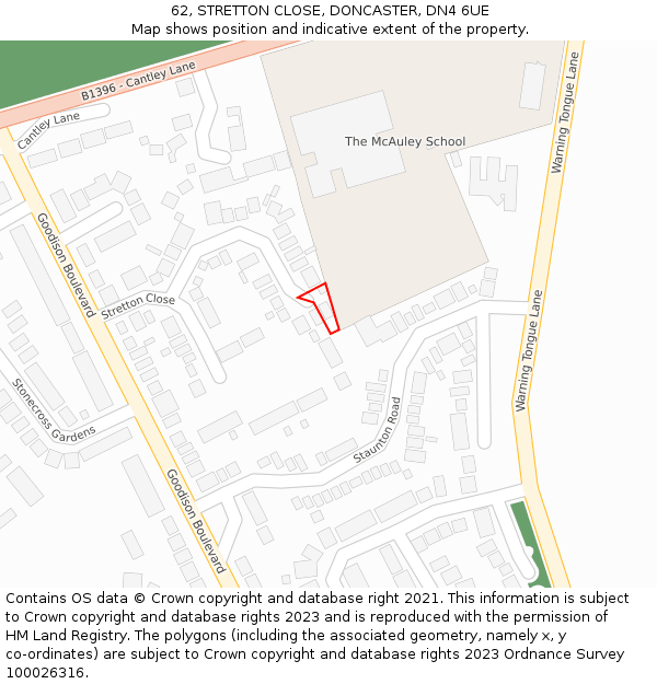 62, STRETTON CLOSE, DONCASTER, DN4 6UE: Location map and indicative extent of plot
