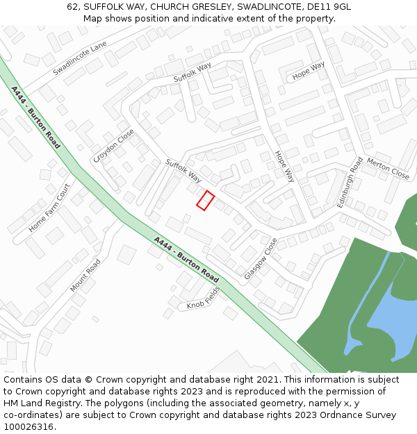 62, SUFFOLK WAY, CHURCH GRESLEY, SWADLINCOTE, DE11 9GL: Location map and indicative extent of plot