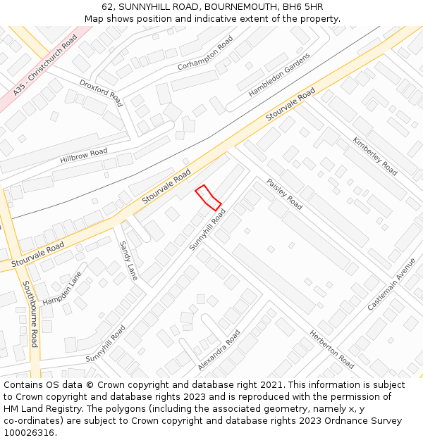 62, SUNNYHILL ROAD, BOURNEMOUTH, BH6 5HR: Location map and indicative extent of plot