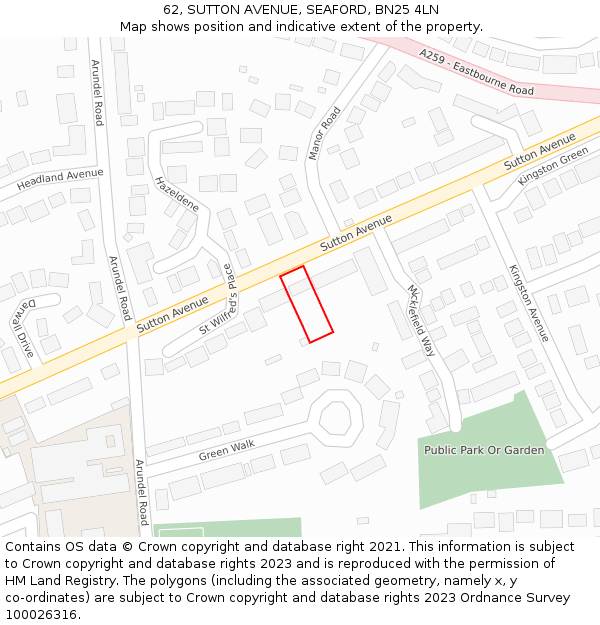 62, SUTTON AVENUE, SEAFORD, BN25 4LN: Location map and indicative extent of plot
