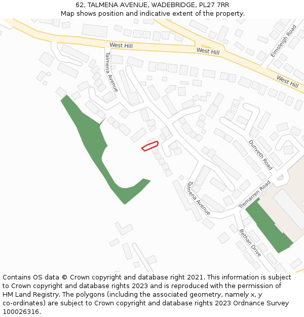 62, TALMENA AVENUE, WADEBRIDGE, PL27 7RR: Location map and indicative extent of plot