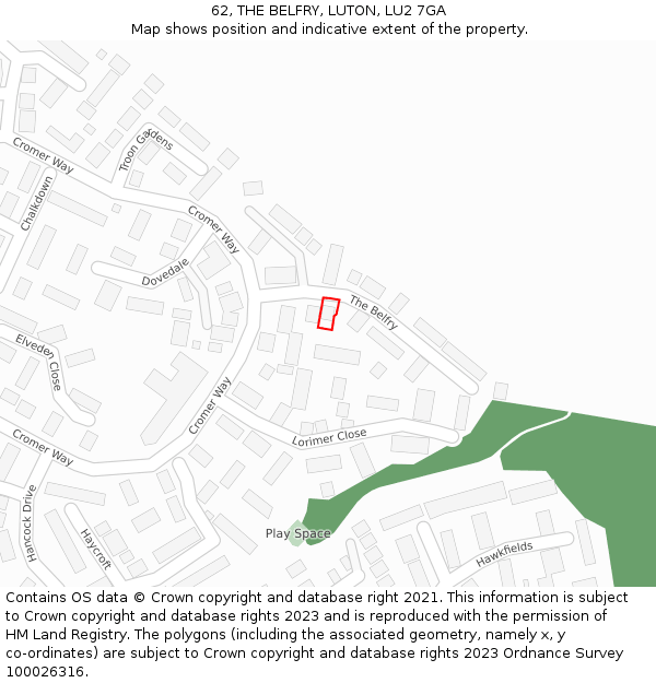 62, THE BELFRY, LUTON, LU2 7GA: Location map and indicative extent of plot