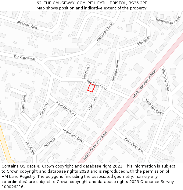 62, THE CAUSEWAY, COALPIT HEATH, BRISTOL, BS36 2PF: Location map and indicative extent of plot