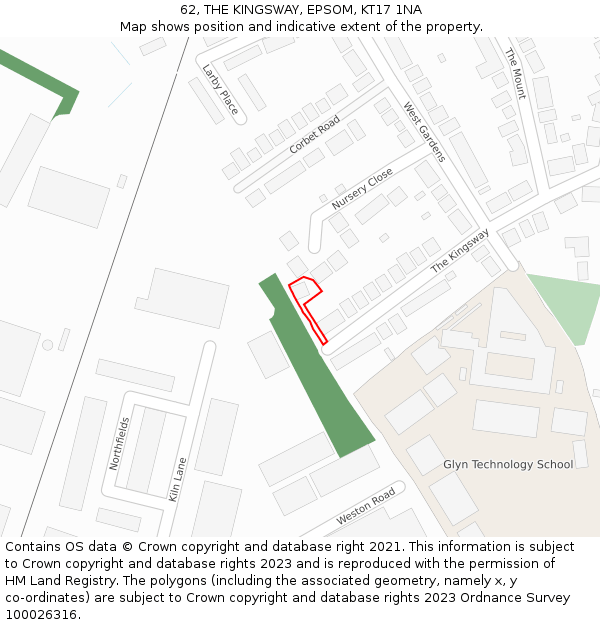 62, THE KINGSWAY, EPSOM, KT17 1NA: Location map and indicative extent of plot