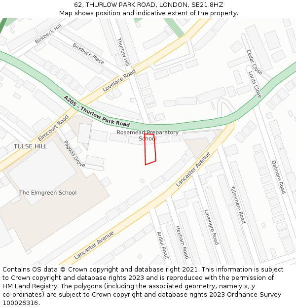 62, THURLOW PARK ROAD, LONDON, SE21 8HZ: Location map and indicative extent of plot