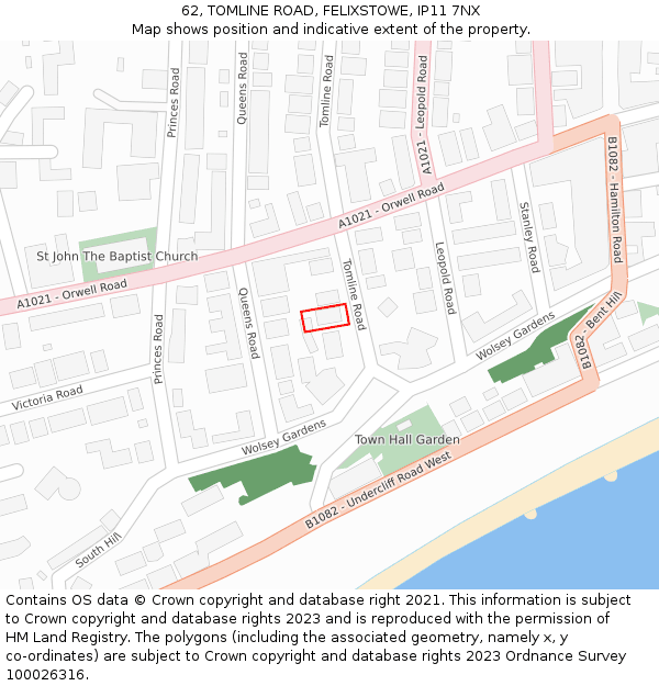 62, TOMLINE ROAD, FELIXSTOWE, IP11 7NX: Location map and indicative extent of plot