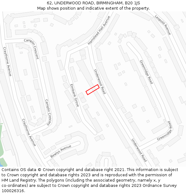 62, UNDERWOOD ROAD, BIRMINGHAM, B20 1JS: Location map and indicative extent of plot