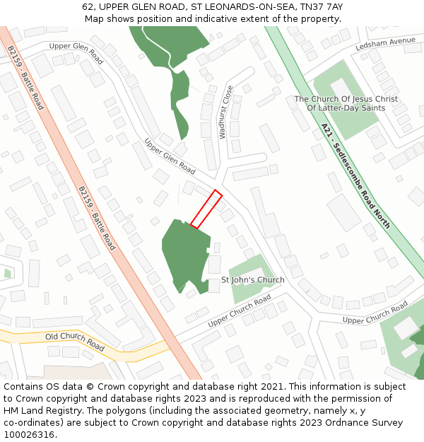 62, UPPER GLEN ROAD, ST LEONARDS-ON-SEA, TN37 7AY: Location map and indicative extent of plot