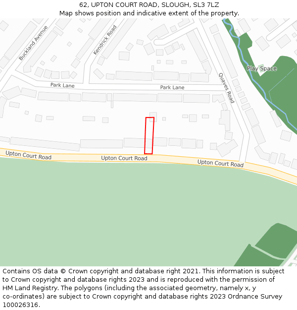 62, UPTON COURT ROAD, SLOUGH, SL3 7LZ: Location map and indicative extent of plot