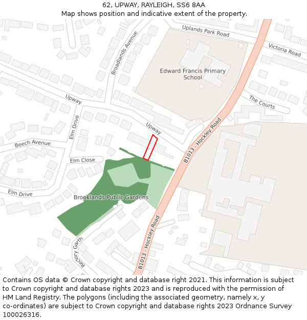 62, UPWAY, RAYLEIGH, SS6 8AA: Location map and indicative extent of plot