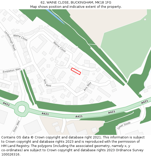 62, WAINE CLOSE, BUCKINGHAM, MK18 1FG: Location map and indicative extent of plot