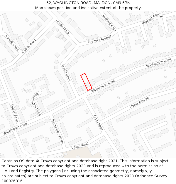 62, WASHINGTON ROAD, MALDON, CM9 6BN: Location map and indicative extent of plot