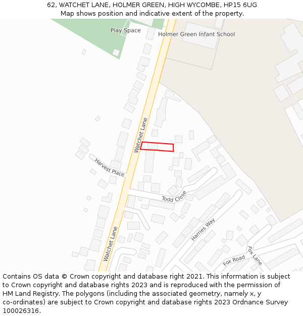 62, WATCHET LANE, HOLMER GREEN, HIGH WYCOMBE, HP15 6UG: Location map and indicative extent of plot