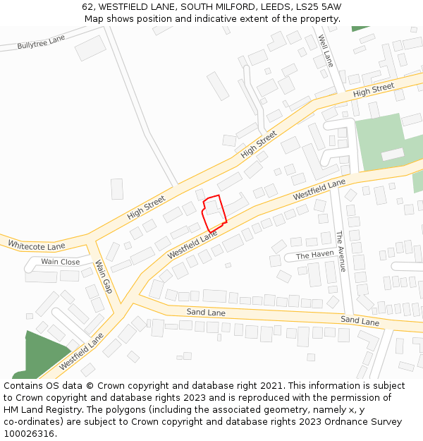 62, WESTFIELD LANE, SOUTH MILFORD, LEEDS, LS25 5AW: Location map and indicative extent of plot