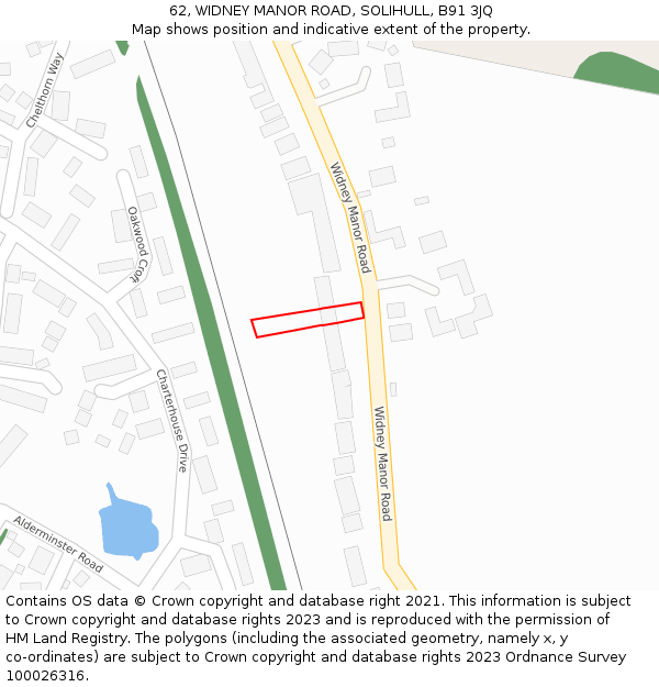 62, WIDNEY MANOR ROAD, SOLIHULL, B91 3JQ: Location map and indicative extent of plot