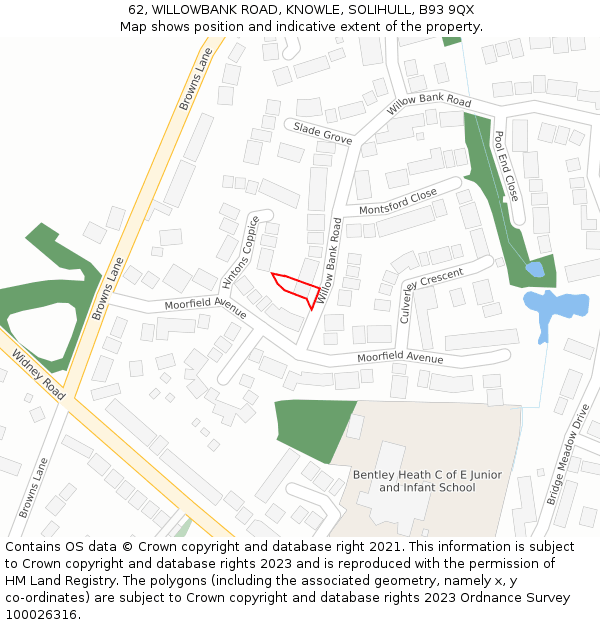 62, WILLOWBANK ROAD, KNOWLE, SOLIHULL, B93 9QX: Location map and indicative extent of plot