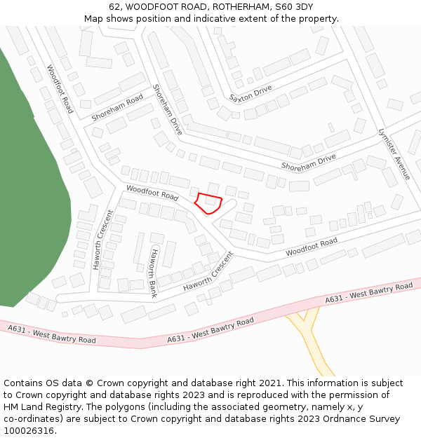 62, WOODFOOT ROAD, ROTHERHAM, S60 3DY: Location map and indicative extent of plot