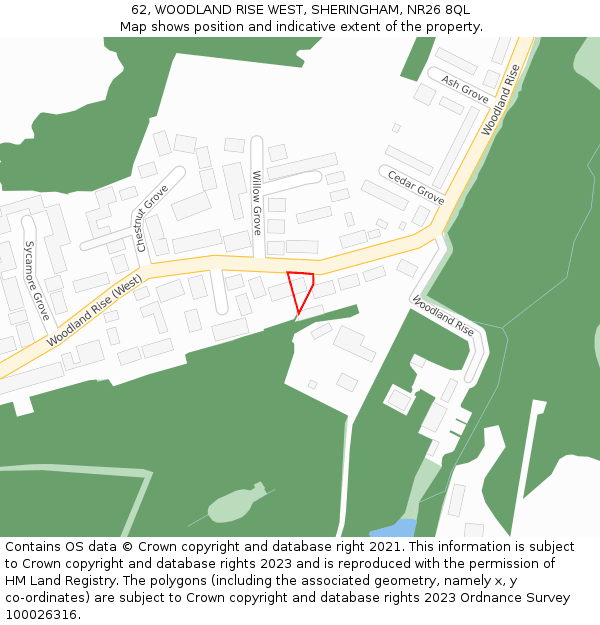 62, WOODLAND RISE WEST, SHERINGHAM, NR26 8QL: Location map and indicative extent of plot