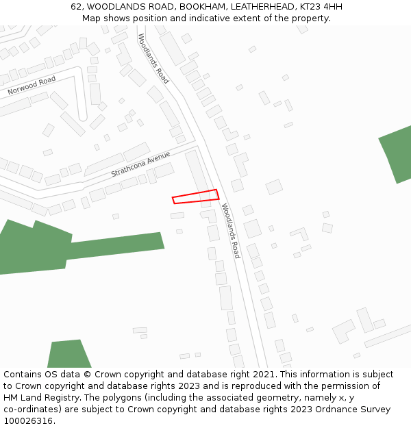 62, WOODLANDS ROAD, BOOKHAM, LEATHERHEAD, KT23 4HH: Location map and indicative extent of plot