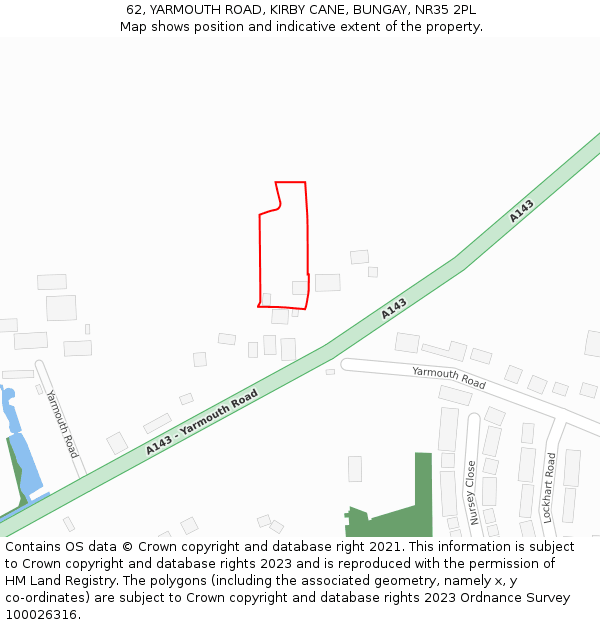 62, YARMOUTH ROAD, KIRBY CANE, BUNGAY, NR35 2PL: Location map and indicative extent of plot