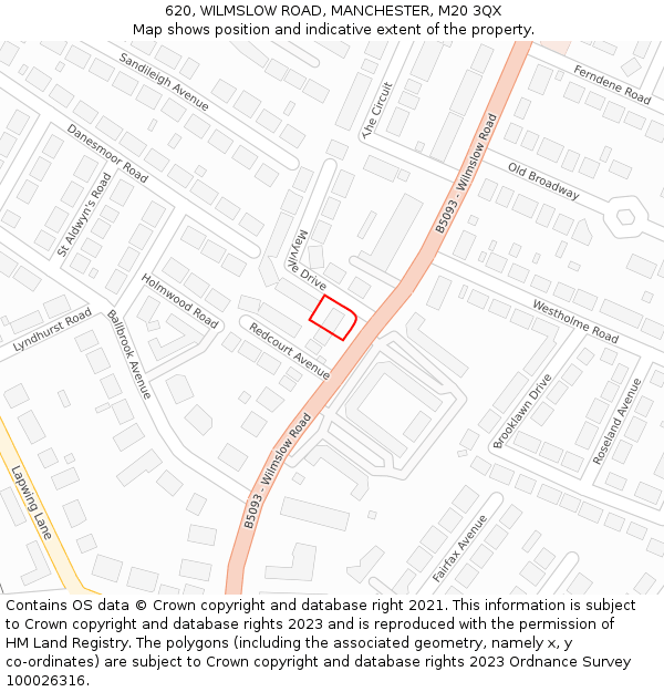 620, WILMSLOW ROAD, MANCHESTER, M20 3QX: Location map and indicative extent of plot